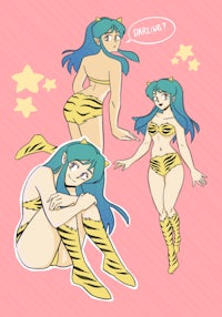 a girl in a yellow bikini with blue hair