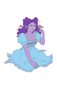 a girl in a blue dress with purple hair