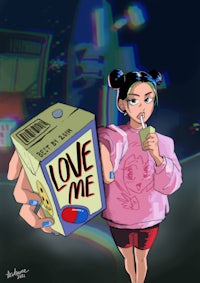 a girl holding a box of ice cream with the words love me on it