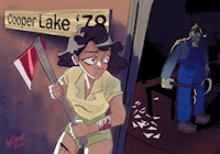 a cartoon of a woman and a man standing next to a sign that says copper lake 79