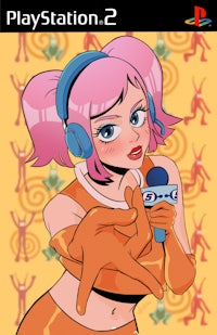 a cartoon character with pink hair and a microphone